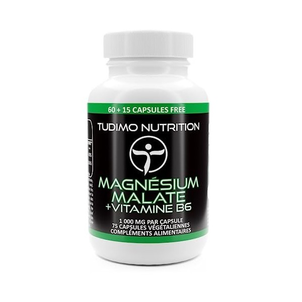 Magnésium Malate Vegan avec Vitamine B6 – 1000mg | 150mg de Magnésium Élémentaire + Vit B6 – 75 Capsules 2+ mois à Désintég