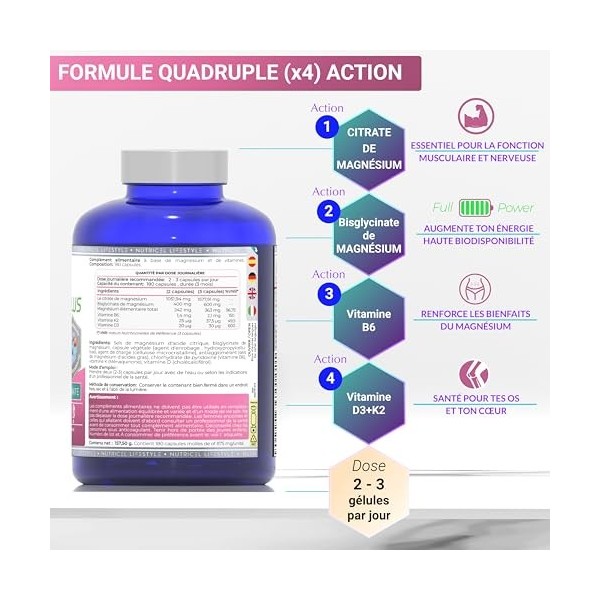 Magnésium Bisglycinate + Citrate - 2177mg - Vitamine B6, D3 et K2 | Fatigue | Magnesium Bisglycinate et Magnesium citrate | j