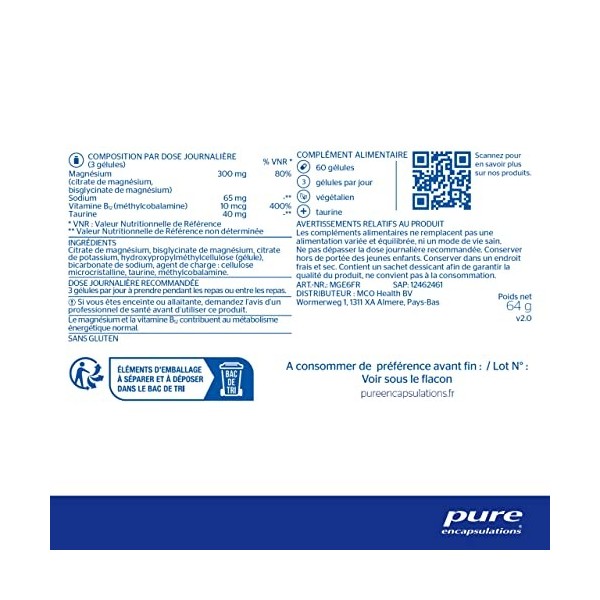 Pure Encapsulations - Magnésium Energy - Formule Sport – Magnésium Bisglycinate et Citrate avec Taurine et Vitamine B12 - Fat...
