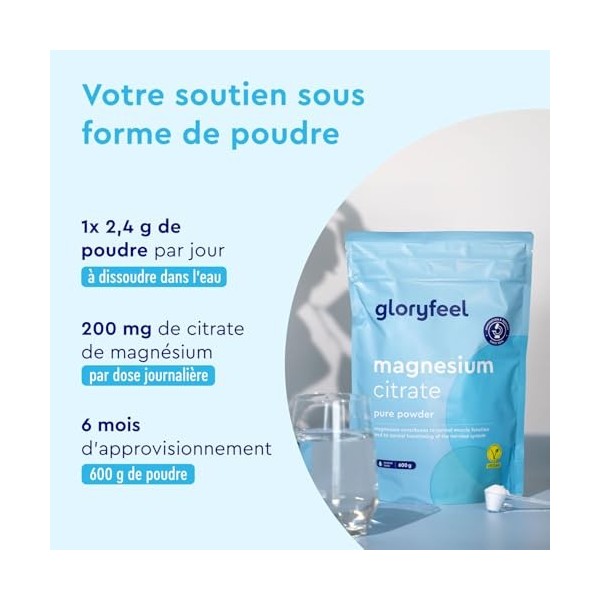 Magnesium Pur, 600g de Poudre 6 Mois de Réserve , Citrate de Magnésium Fortement Biodisponible, Pour Augmenter LÉnergie & F