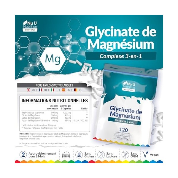 Magnésium Glycinate 3-en-1 Complex 1813mg - 120 Capsules Véganes - Bisglycinate, Citrate & Malate à Triple Absorption - 384mg