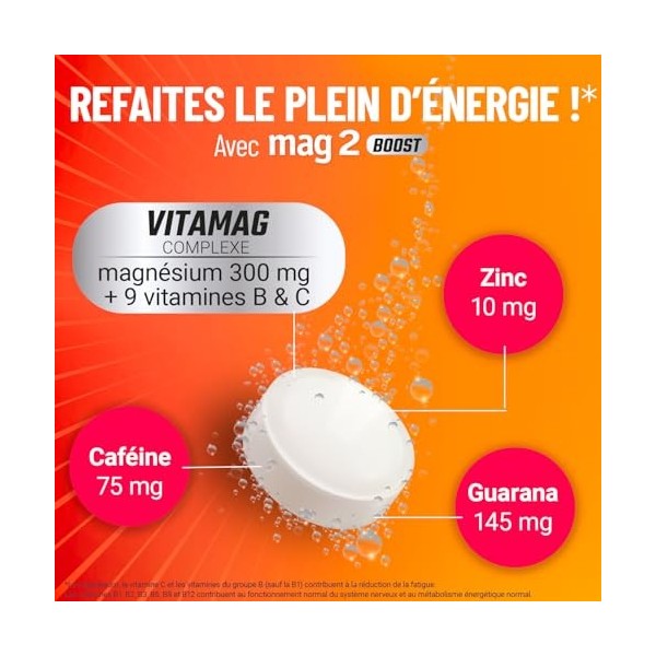 MAG 2 - BOOST – Magnésium, vitamines B et C, zinc et extrait de guarana - Coup de fouet pour les fatigues physiques et mental...