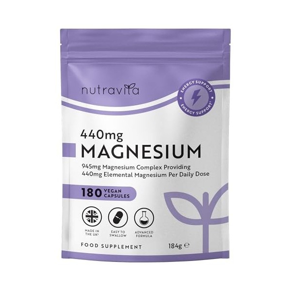 Nutravita Complexe de magnésium 945 mg – 180 gélules végétales de citrate – Haute absorption, compléments de magnésium de qua