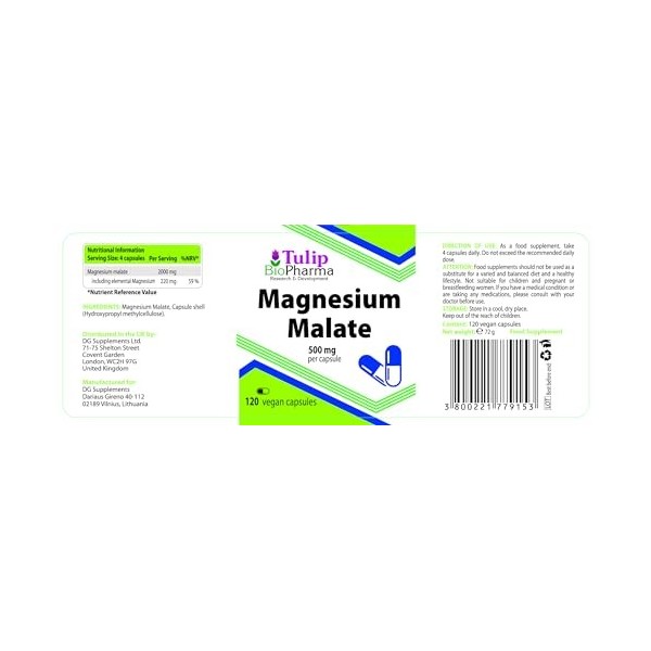 Malate de magnésium 2000 mg par portion 120 gélules végétaliennes, testées en laboratoire par tiers, sans remplissages ni bul