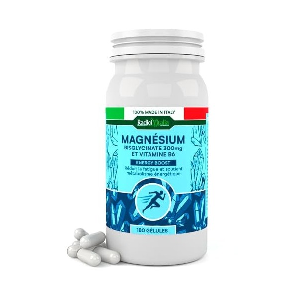 Magnésium Bisglycinate 300mg Vitamine B6 180 capsules Supplément Sommeil Fatigue et Stress Forme Chélatée Soutient Os Dents F