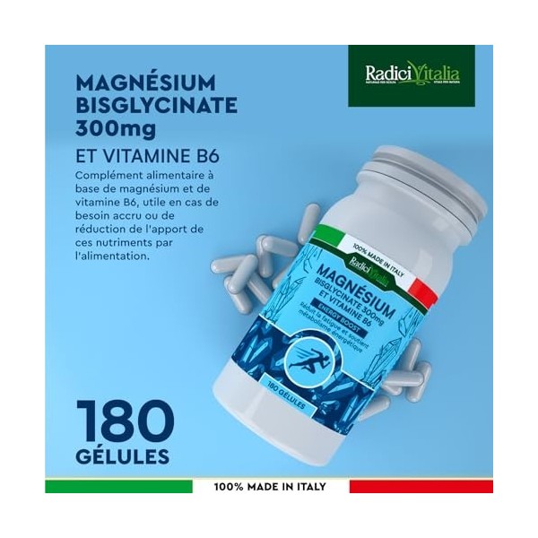 Magnésium Bisglycinate 300mg Vitamine B6 180 capsules Supplément Sommeil Fatigue et Stress Forme Chélatée Soutient Os Dents F