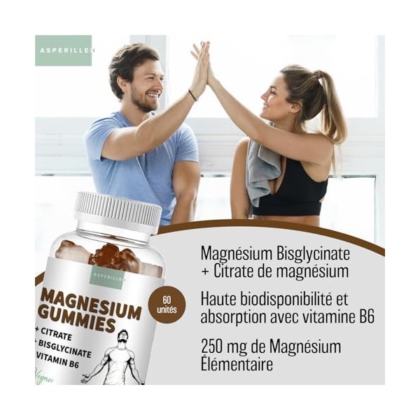 Gommes Magnésium Bisglycinate 600mg + Citrate de Magnésium 1560mg + Vitamine B6 - Haute Concentration, Absorption Maximale et