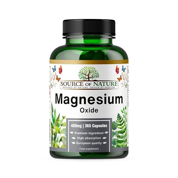 Oxyde de Magnésium 665 mg | 400 mg de Magnésium Élémentaire | 365 Gélules Véganes | Haute Dose | Réserve d’un An | Source of 