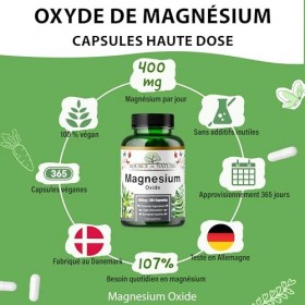 Oxyde de Magnésium 665 mg | 400 mg de Magnésium Élémentaire | 365 Gélules Véganes | Haute Dose | Réserve d’un An | Source of 