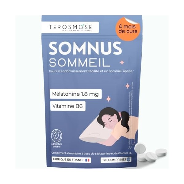Somnus Mélatonine 1,8 mg – Complément naturel sommeil – Magnésium marin & Vitamine B6 – Aide à l’endormissement & relaxation 