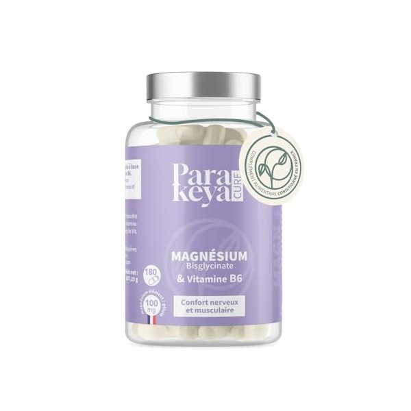 Parakeya - Magnésium bisglycinate & vitamine B6-180 Gélules - Equilibre Nerveux et Musculaire, Réduction Fatigue - Complément...