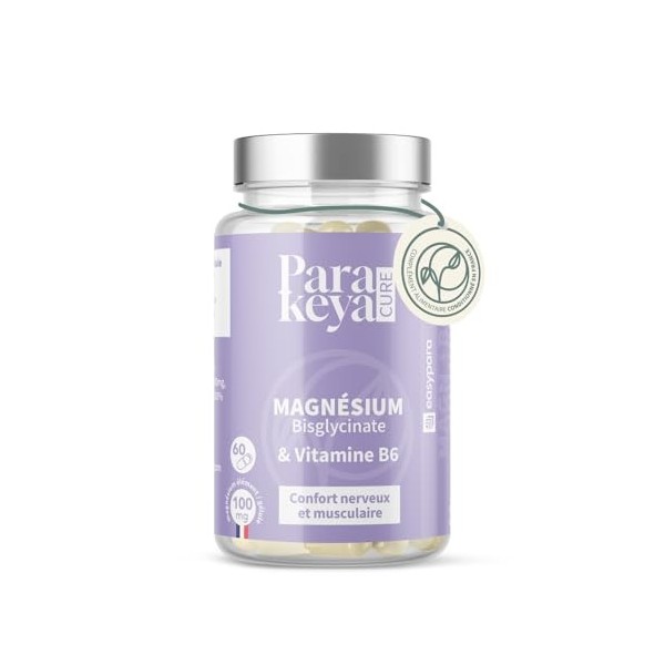 Parakeya - Magnésium bisglycinate & vitamine B6-180 Gélules - Equilibre Nerveux et Musculaire, Réduction Fatigue - Complément...
