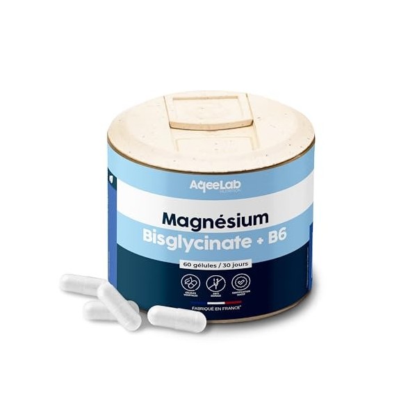 Magnésium Bisglycinate 1375 mg + vitamine B6 • 60 gélules végétales • Pot pour 30jrs • Réduction du stress et de la fatigue •