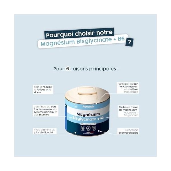 Magnésium Bisglycinate 1375 mg + vitamine B6 • 60 gélules végétales • Pot pour 30jrs • Réduction du stress et de la fatigue •