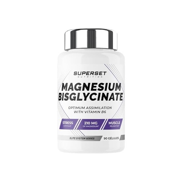 Superset Nutrition - Magnesium Bisglycinate 90 Caps - Complex Magnésium, Glycine & Vit B6 - Sans additif, digestion facilit
