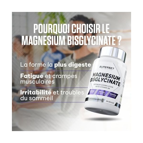 Superset Nutrition - Magnesium Bisglycinate 90 Caps - Complex Magnésium, Glycine & Vit B6 - Sans additif, digestion facilit