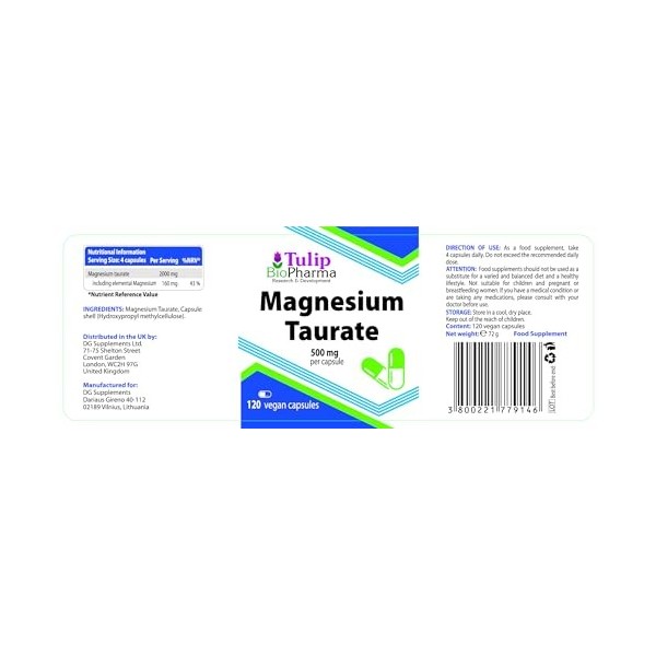 Taurate de magnésium 2000 mg par portion 120 capsules végétaliennes, testées en laboratoire par des tiers