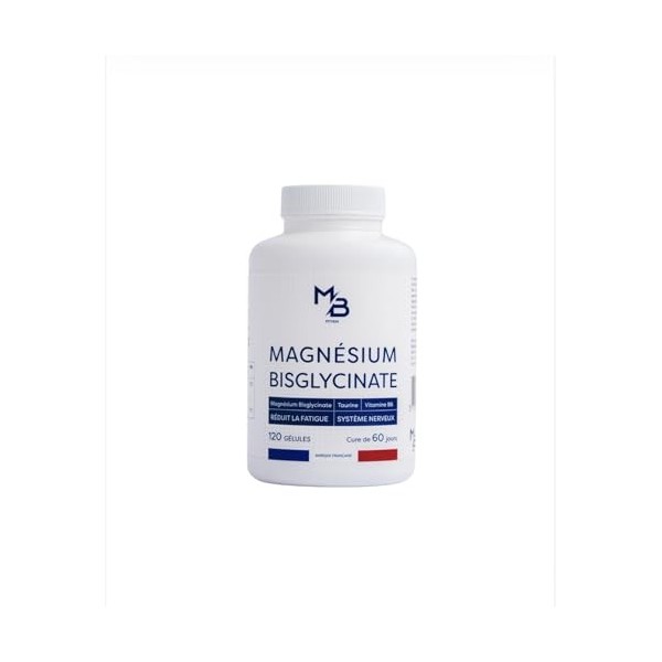 MB FITNESS Magnésium Bisglycinate – Formule synergique avec taurine et vitamine B6 - Fatigue, Stress & Sommeil, 120 Gélules, 