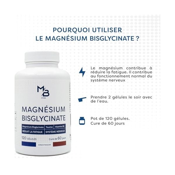 MB FITNESS Magnésium Bisglycinate – Formule synergique avec taurine et vitamine B6 - Fatigue, Stress & Sommeil, 120 Gélules, 