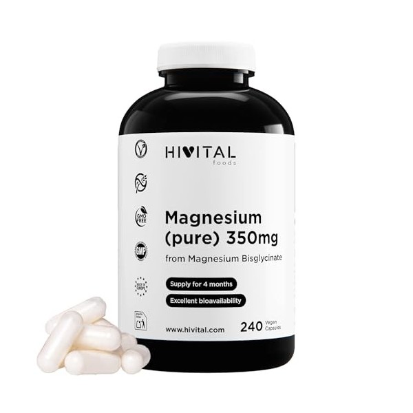 Magnésium Pur 350 mg provenant du Bisglycinate de Magnésium. 240 gélules végétaliennes pour 4 mois de traitement. Fabriqué en