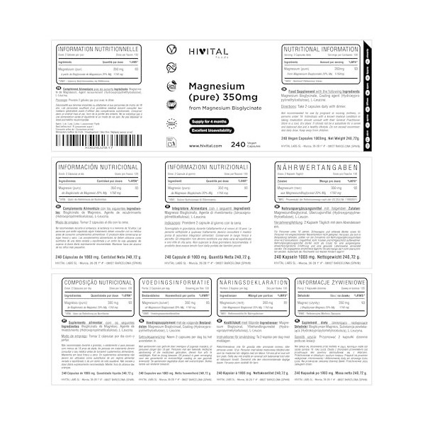 Magnésium Pur 350 mg provenant du Bisglycinate de Magnésium. 240 gélules végétaliennes pour 4 mois de traitement. Fabriqué en