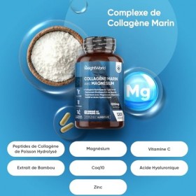 Collagène Hydrolysé Type 1 & 3 Complexe avec Vitamine C, Magnésium, Zinc, Acide Hyaluronique, CoQ10, Extrait de Bambou, Pepti