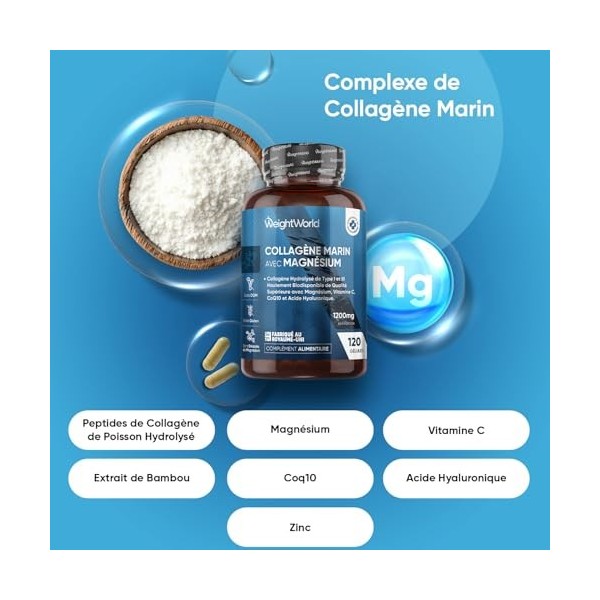Collagène Hydrolysé Type 1 & 3 Complexe avec Vitamine C, Magnésium, Zinc, Acide Hyaluronique, CoQ10, Extrait de Bambou, Pepti
