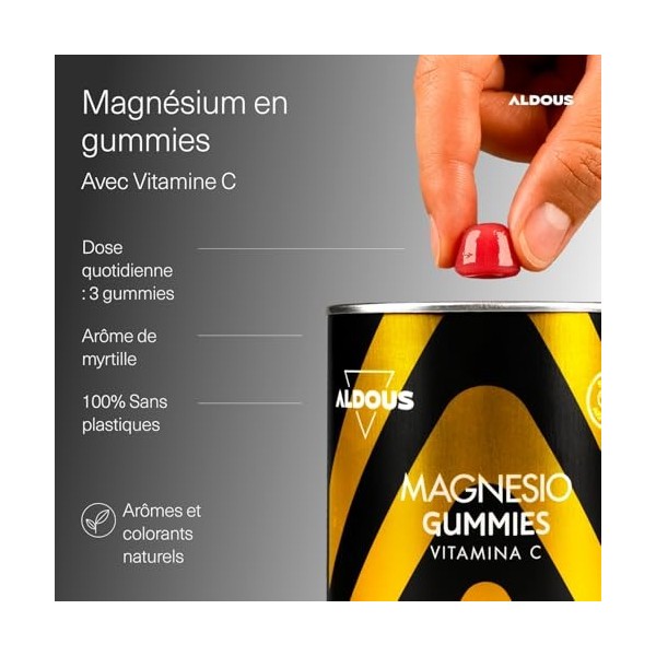 Citrate de Magnésium Gummies 1340mg + Vitamine C 45mg par dose journalière - 120 Gummies - Magnésium pur 225 mg - Goût myrtil