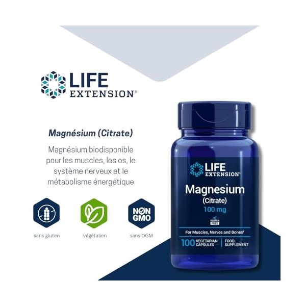 Life Extension - Magnésium Citrate 100 Gélules, Magnésium Biodisponible pour la Fonction Musculaire et Nerveuse, lÉnergie,