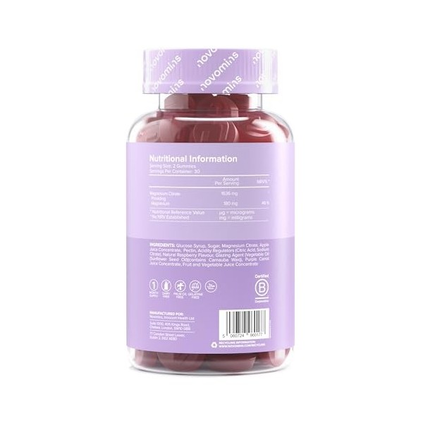 Gommes Magnésium – 1636 mg Citrate de Magnésium 180 mg Élémentaire – Système Nerveux, Muscles, Fatigue – Vegan, Sans Gluten