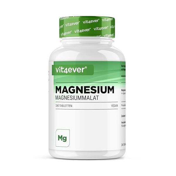 Malate de magnésium - 240 comprimés avec 2000 mg de malate de magnésium par portion journalière - Haute biodisponibilité & ha