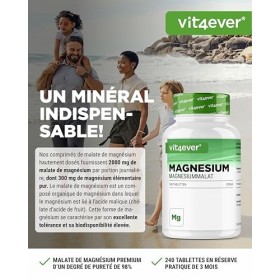 Malate de magnésium - 240 comprimés avec 2000 mg de malate de magnésium par portion journalière - Haute biodisponibilité & ha