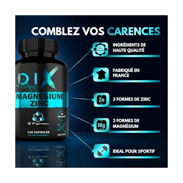 Magnésium Bisglycinate Malate Citrate ✗ 3 forms de Zinc ✗ Vitamine B6 Bioactive ✗ ZMA DIX ✗ Hautement Assimilable ✗ Fabriqué 