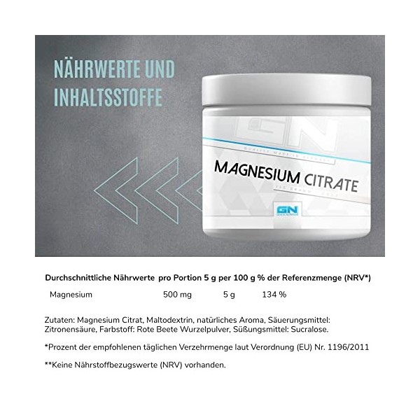 GN Laboratories Citrate de magnésium 250g framboise - Magnésium de haute qualité pour compléter votre alimentation - Poudre