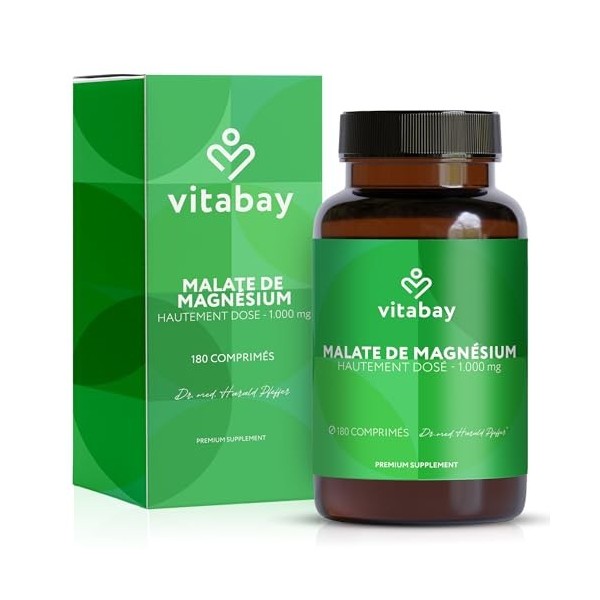 Vitabay Malate de Magnésium 1000 mg hautement dosé – 180 comprimés véganes – métabolisme énergétique, fatigue & fonction musc