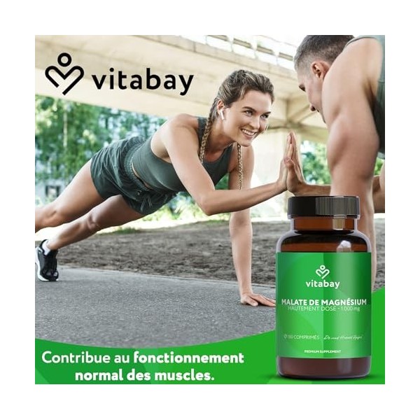 Vitabay Malate de Magnésium 1000 mg hautement dosé – 180 comprimés véganes – métabolisme énergétique, fatigue & fonction musc