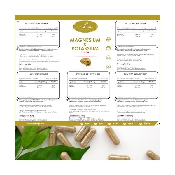 Magnésium et potassium haute dose | Citrate de magnésium 250 mg + citrate de potassium 1000 mg pur | Soutien musculaire, éner