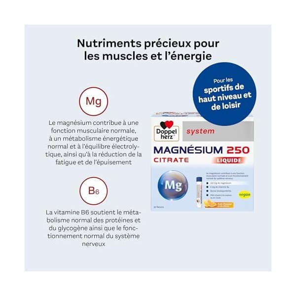 Doppelherz system MAGNÉSIUM 250 CITRATE LIQUID - le magnésium soutient la fonction musculaire normale et le fonctionnement no