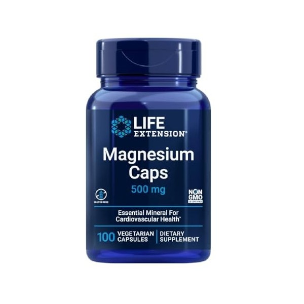 Life Extension Capsules de Magnésium 500mg - 100 Capsules Végétariennes - Soutien Cardiovasculaire et Musculaire de Qualité S