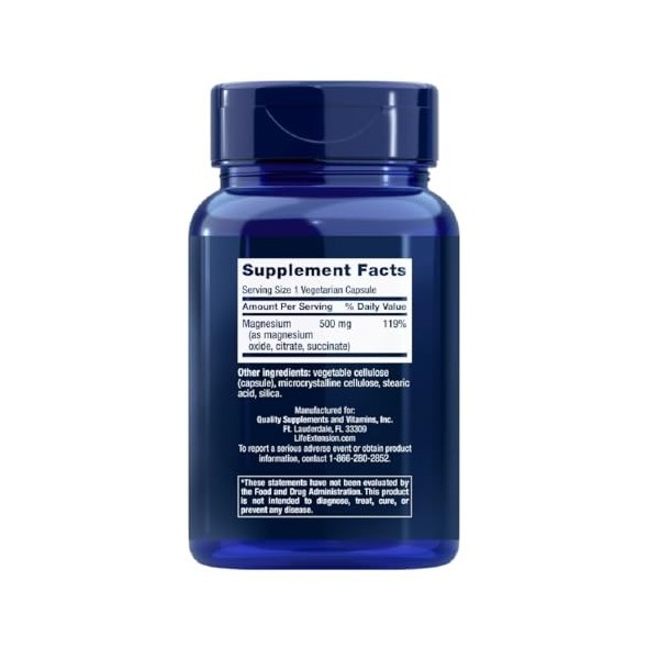 Life Extension Capsules de Magnésium 500mg - 100 Capsules Végétariennes - Soutien Cardiovasculaire et Musculaire de Qualité S