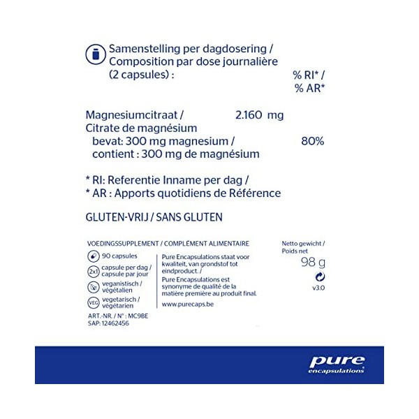 Pure Encapsulations - Citrate de Magnésium 150mg - Magnésium Chélaté Hautement Biodisponible - 90 Gélules Véganes