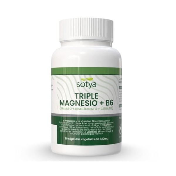 SOTYA Triple magnésium avec vitamine B6 4 en 1. Malate, citrate et bisglycinate de magnésium pour la récupération musculaire,