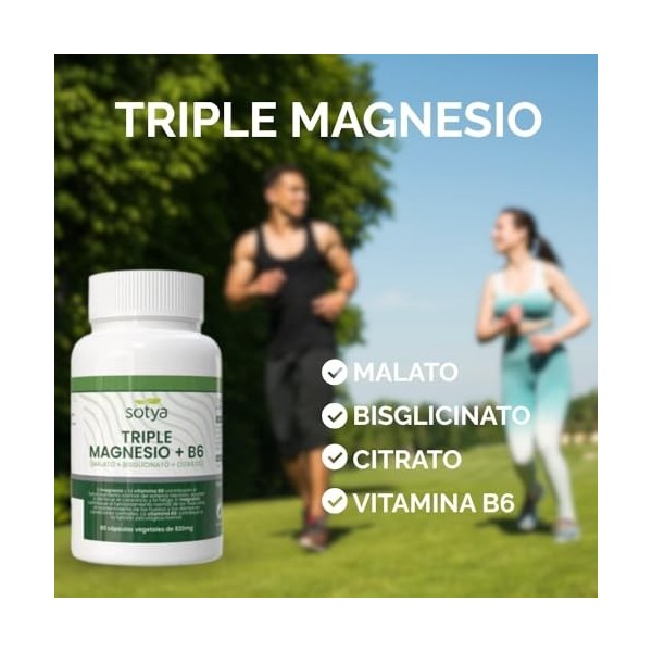 SOTYA Triple magnésium avec vitamine B6 4 en 1. Malate, citrate et bisglycinate de magnésium pour la récupération musculaire,