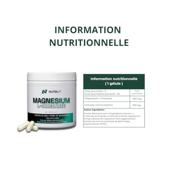 Magnesium L-Threonate - 90 gélules, 2000 mg par jour - Réduit la fatigue, renforce la mémoire et concentration, santé des mus