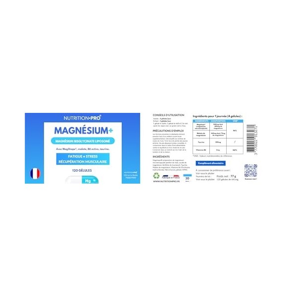 Magnésium+ Magshape® – 120 gélules | Magnésium microencapsulé avec vitamine B6 et taurine | Fabriqué en France | Nutrition∙pr