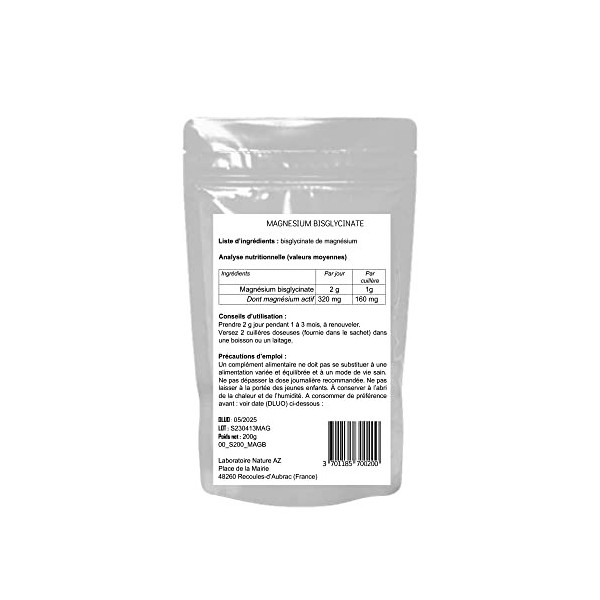 Nature AZ Magnésium Bisglycinate Pur en Poudre, Haute Absorption et Biodisponibilité, Stress, Sommeil, Fatigue, Sans Vitamine