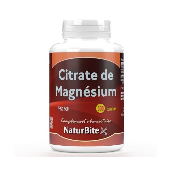 NaturBite Citrate de magnésium - 500 comprimés - 400 mg par comprimé - Supplément de magnésium hautement absorbable Magnésium