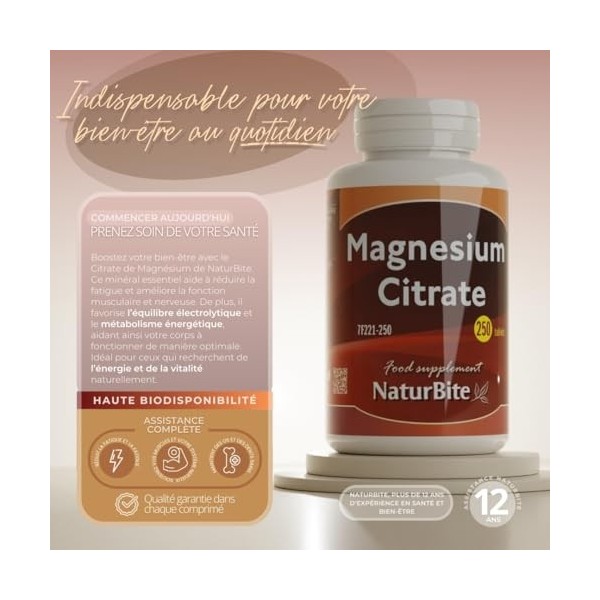 NaturBite Citrate de magnésium - 500 comprimés - 400 mg par comprimé - Supplément de magnésium hautement absorbable Magnésium