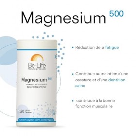 BE-LIFE | Magnesium 500 | Complément alimentaire | Détente musculaire, réduction de la fatigue | Bisglycinate de magnésium 50