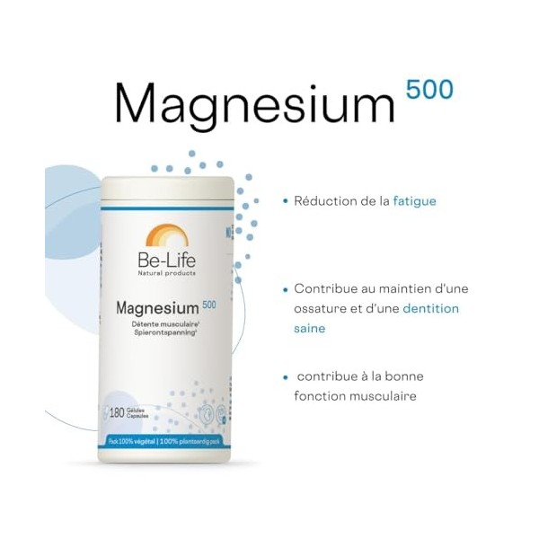 BE-LIFE | Magnesium 500 | Complément alimentaire | Détente musculaire, réduction de la fatigue | Bisglycinate de magnésium 50